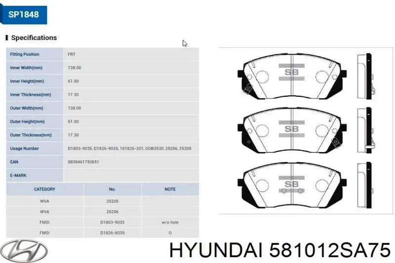 Comprar 581012SA75 Hyundai/Kia Pastillas delanteras de freno