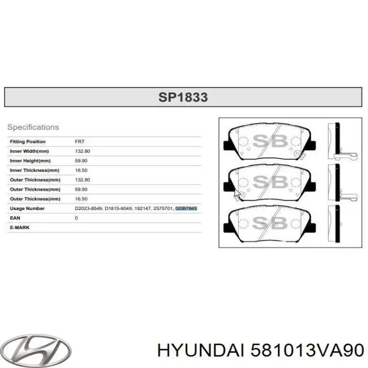 Pastillas de freno 581013VA90 Hyundai/Kia