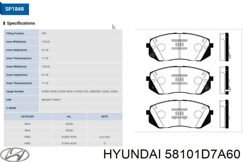 58101D7A60 Hyundai/Kia pastillas de freno delanteras