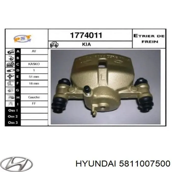 Pinza de freno delantera izquierda Hyundai/Kia 5811007500 precio, desde 50,58 EUR