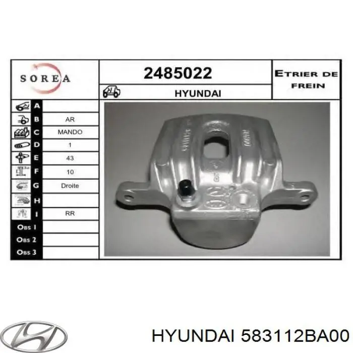 Comprar 583112BA00 Hyundai/Kia Pinza de freno trasera derecha