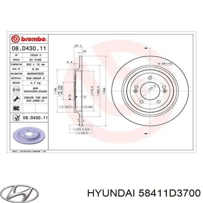 58411D3700 Hyundai/Kia disco de freno trasero