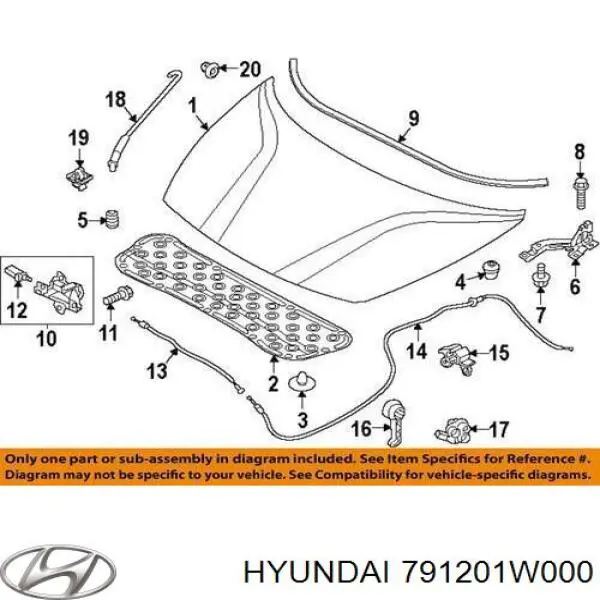 791201W000 Hyundai/Kia bisagra, capó del motor derecha