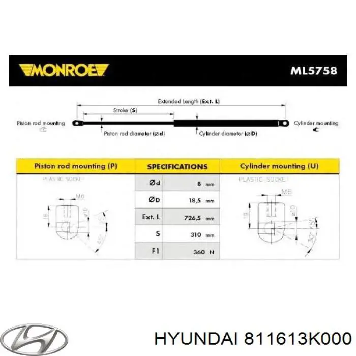 811613K000 Hyundai/Kia muelle neumático, capó de motor