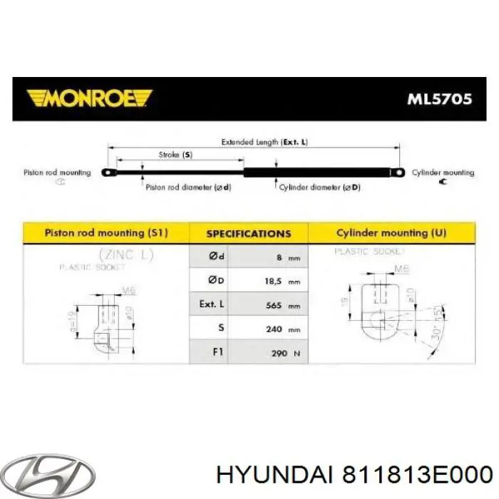 811813E000 Hyundai/Kia muelle neumático, capó de motor