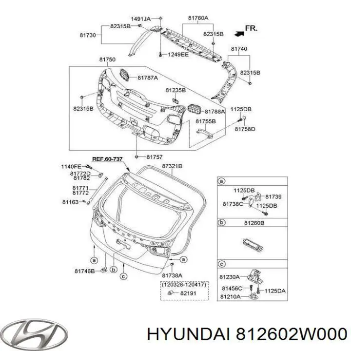 812602W000 Hyundai/Kia boton de accion de bloqueo de la tapa maletero (3/5 puertas traseras)