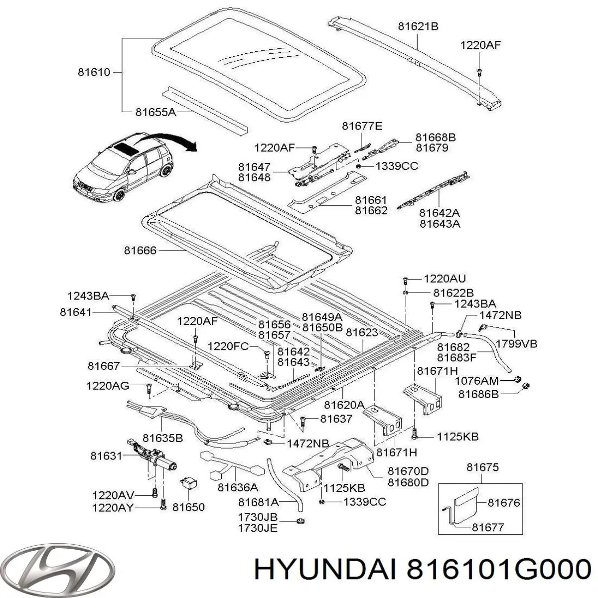 816101G000 Hyundai/Kia tapa de techo solar
