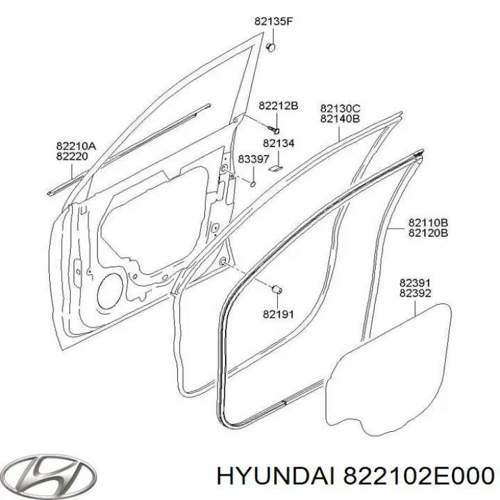 822102E000 Hyundai/Kia moldura de cristal de la ventana de la puerta delantera izquierda