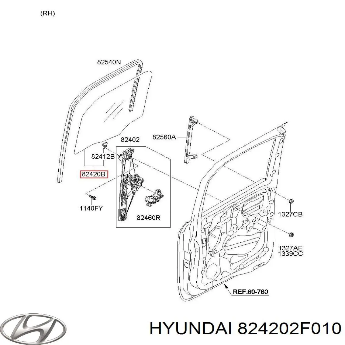 824202F010 Hyundai/Kia luna de puerta delantera derecha