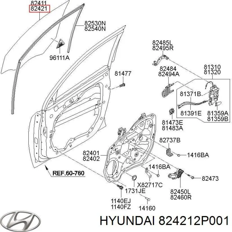 824212P001 Hyundai/Kia luna de puerta delantera derecha