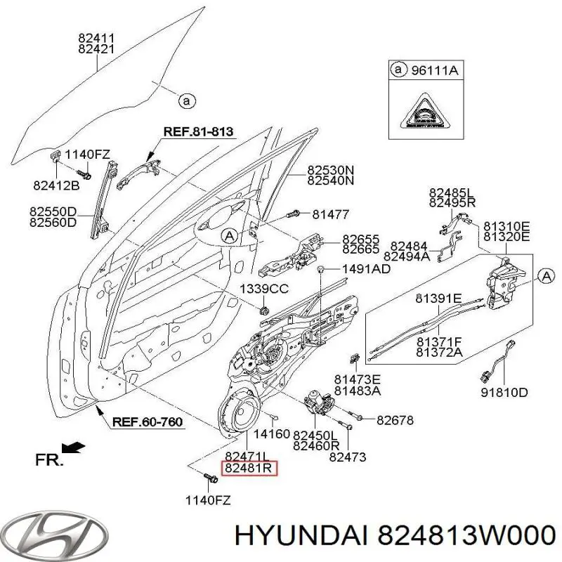 824813W000 Hyundai/Kia mecanismo de elevalunas, puerta delantera derecha