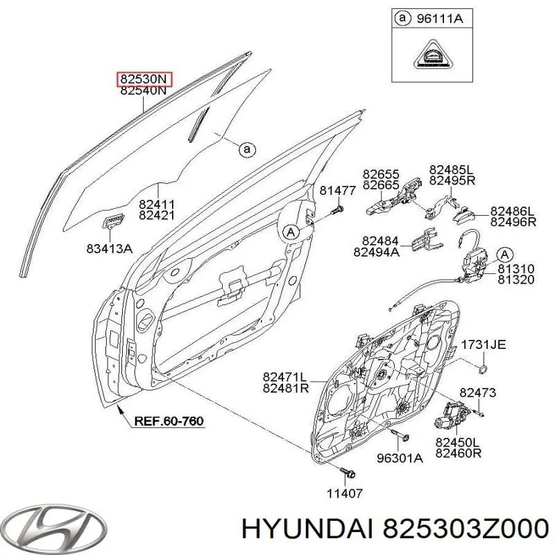 Guía de vidrio para el marco de la puerta delantera izquierda Hyundai I40 (VF)