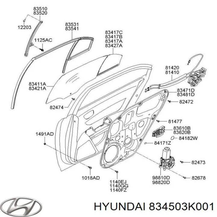 834503K001 Hyundai/Kia motor eléctrico, elevalunas, puerta trasera izquierda