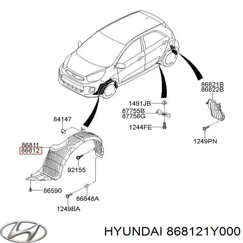 868121Y000 Hyundai/Kia guardabarros interior, aleta delantera, derecho