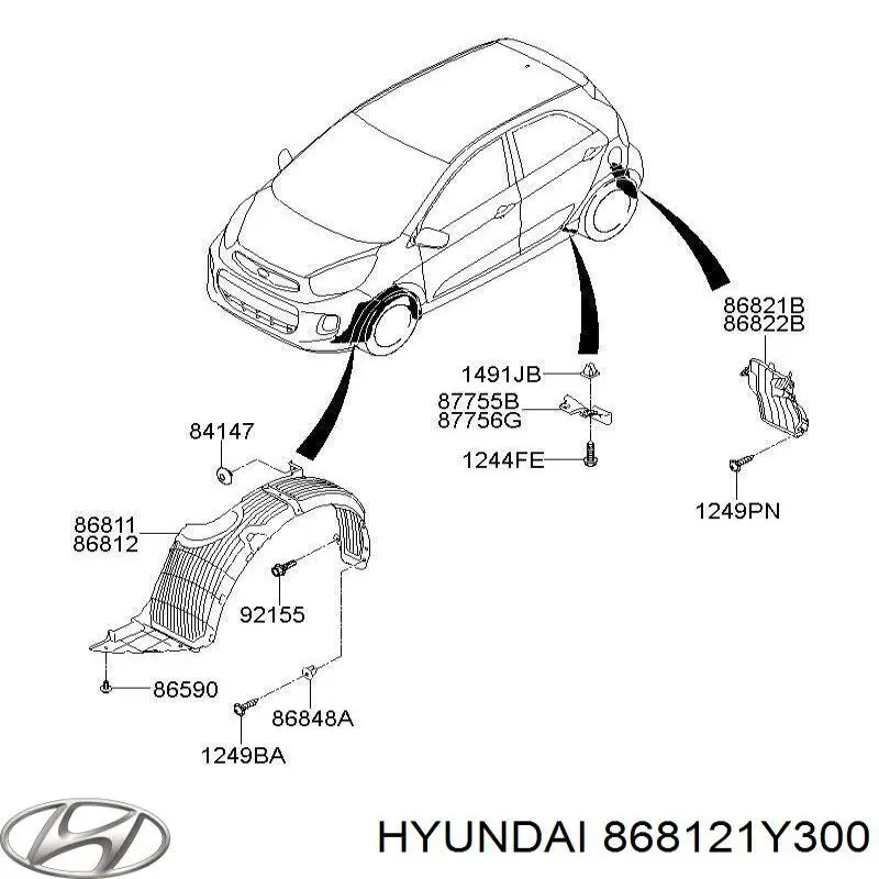 868121Y300 Hyundai/Kia guardabarros interior, aleta delantera, derecho
