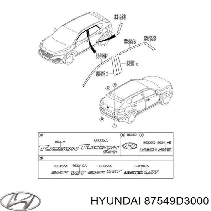 87549D3000 Hyundai/Kia Moldura vertical de puerta trasera derecha