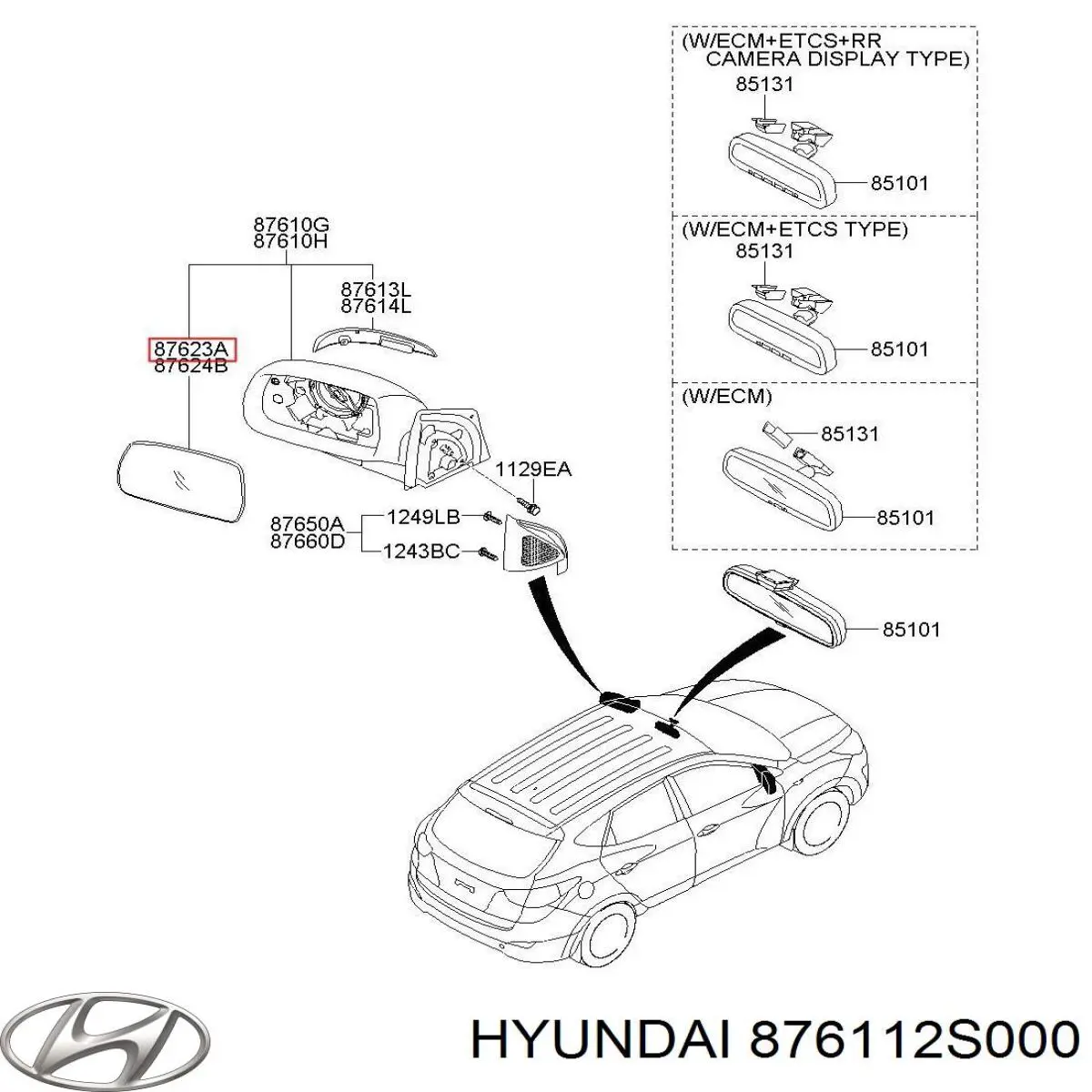 876112S0001 Hyundai/Kia cristal de espejo retrovisor exterior izquierdo