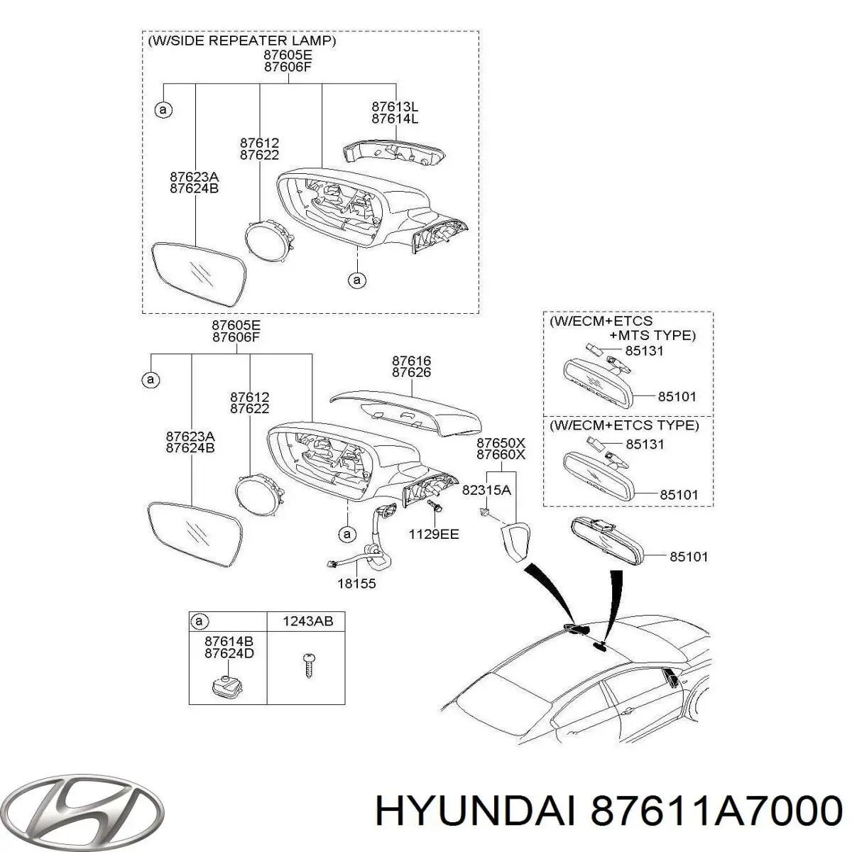 87611A7000 Hyundai/Kia cristal de espejo retrovisor exterior izquierdo