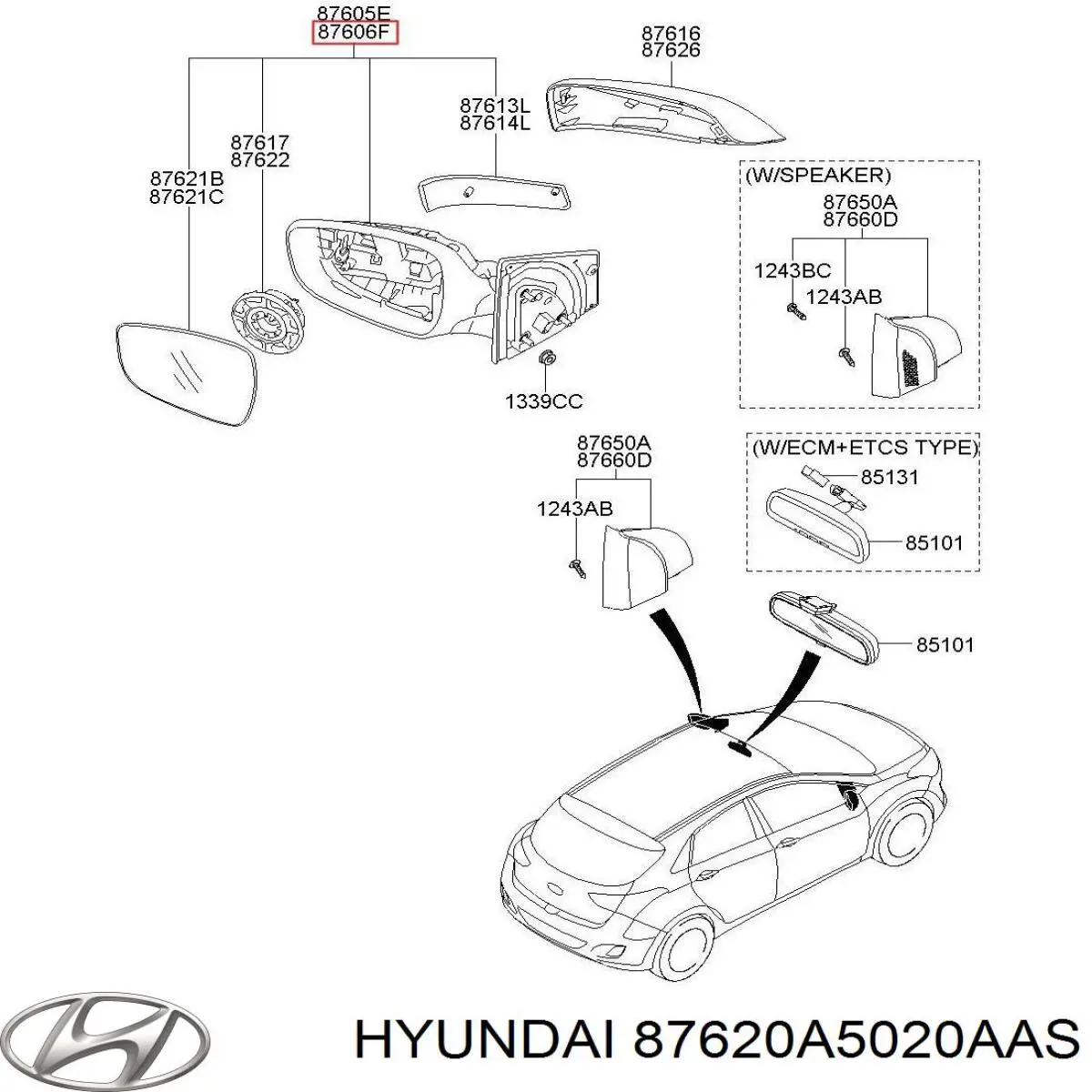 87620-A5020AAS Hyundai/Kia espejo retrovisor derecho