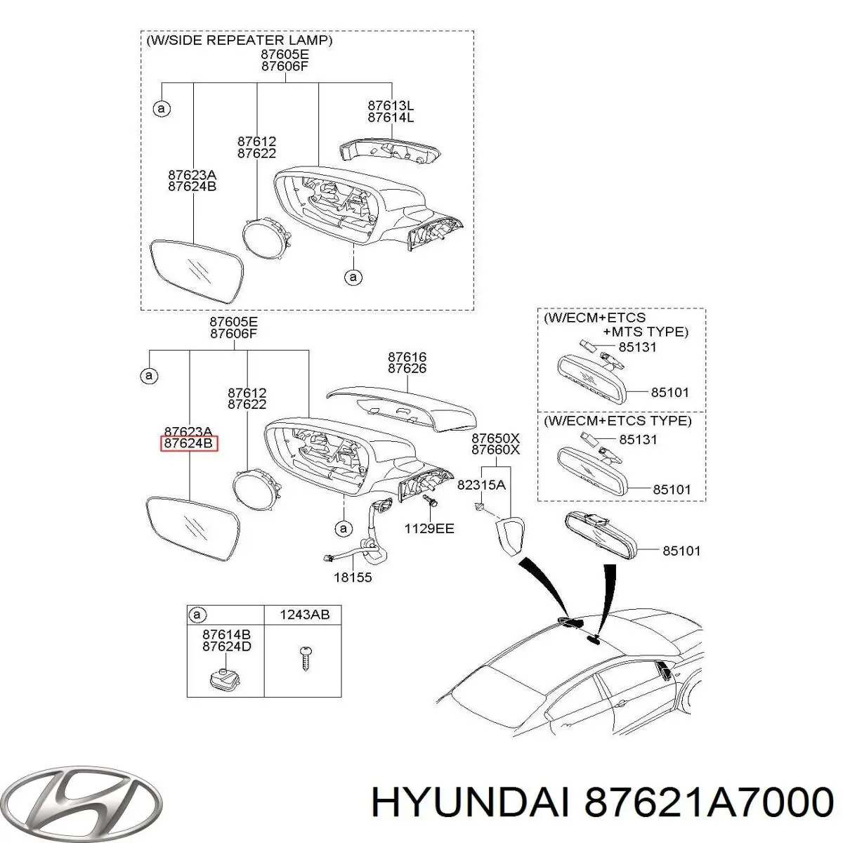 87621A7000 Hyundai/Kia cristal de espejo retrovisor exterior derecho