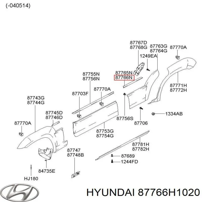 87766H1020 Hyundai/Kia moldura de puerta trasera derecha superior