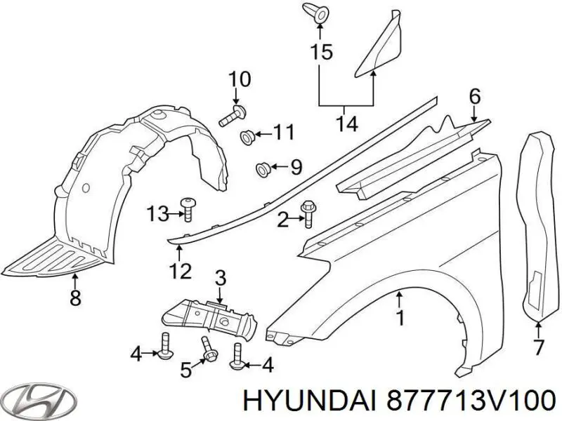 877713V100 Hyundai/Kia moldura de guardabarro delantero izquierdo