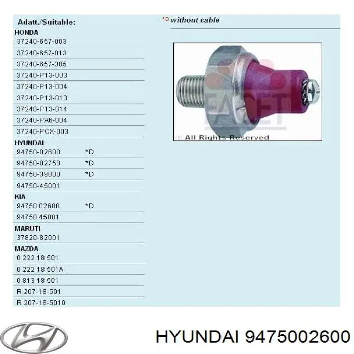 9475002600 Hyundai/Kia sensor de presión de aceite