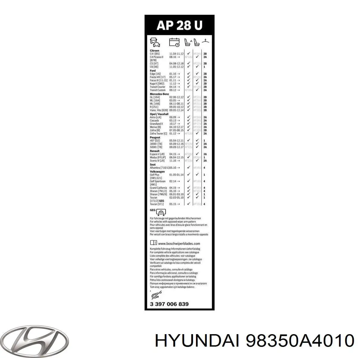 98350A4010 Hyundai/Kia limpiaparabrisas de luna delantera conductor