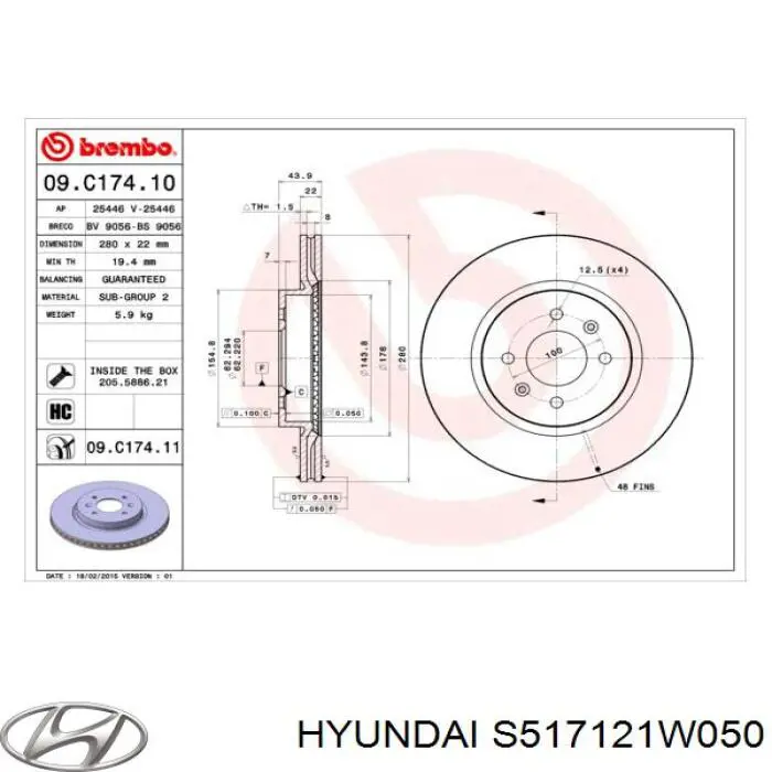 S517121W050 Hyundai/Kia freno de disco delantero