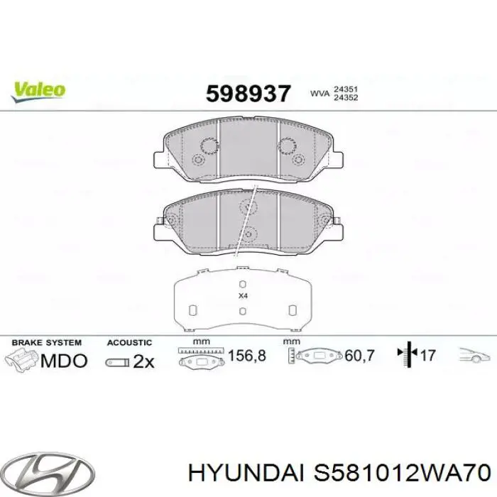 S581012WA70 Hyundai/Kia pastillas de freno delanteras