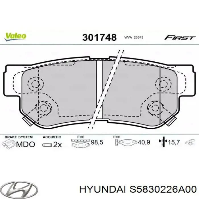 S5830226A00 Hyundai/Kia pastillas de freno traseras