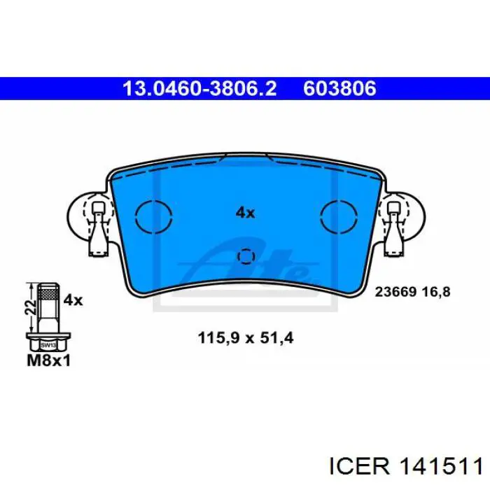 141511 Icer pastillas de freno traseras