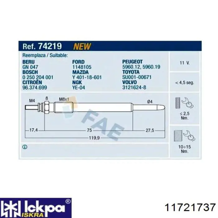 Bujías incandescentes Iskra 11721737 precio, desde 12,48 EUR