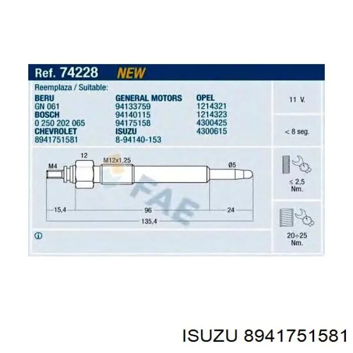 Bujía de precalentamiento 8941751581 Isuzu