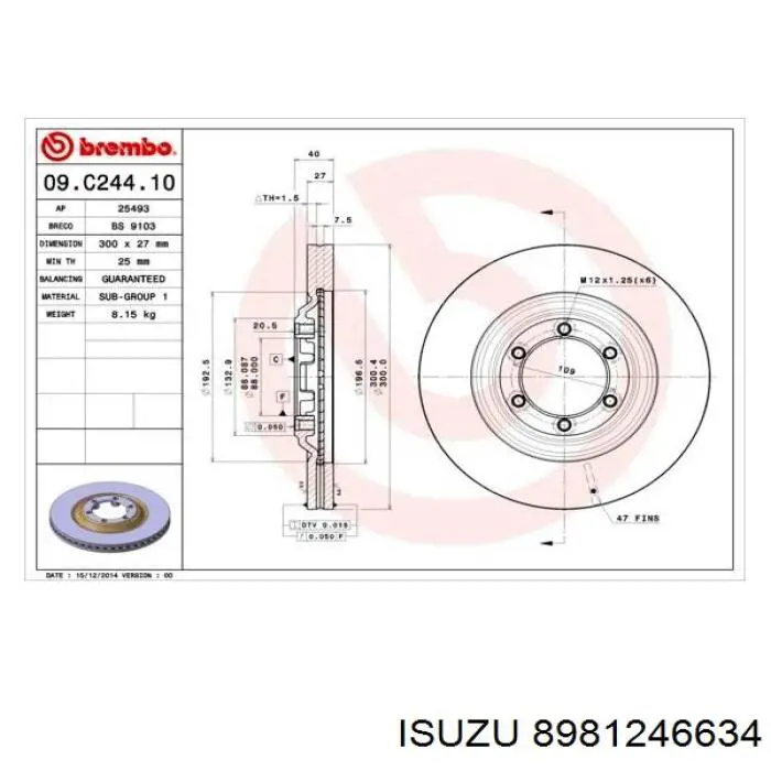 8-98124-663-4 Isuzu freno de disco delantero