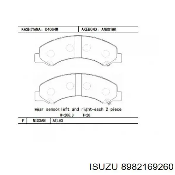 8982169260 Isuzu pastillas de freno delanteras