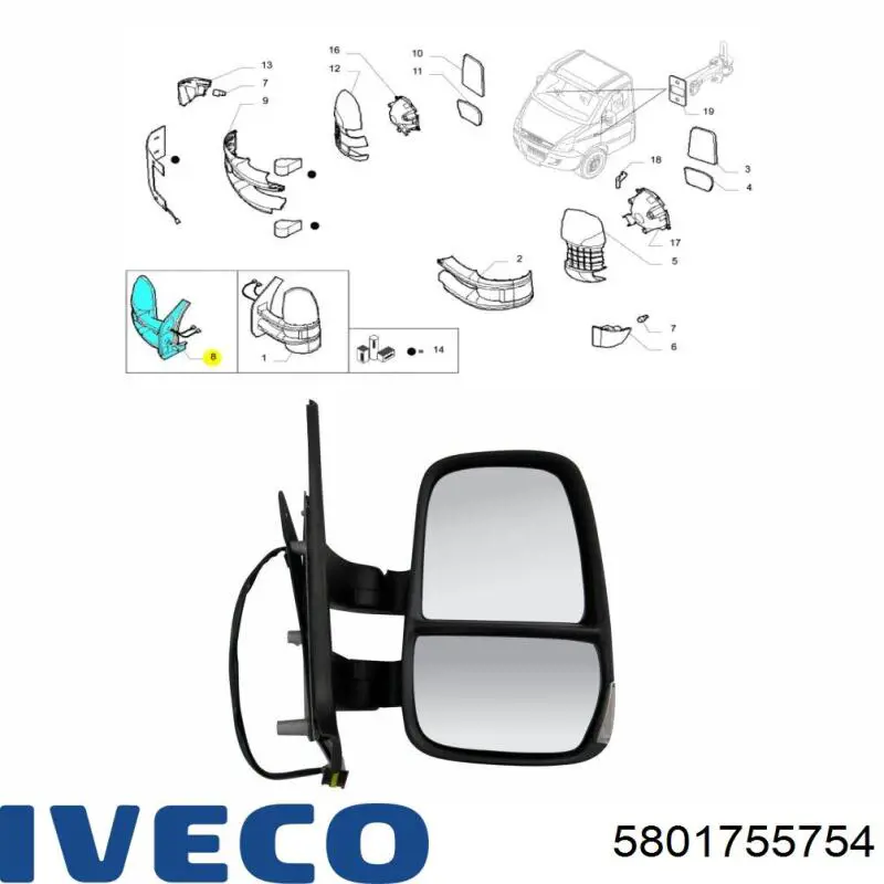Espejo de retrovisor derecho 5801755754 Iveco