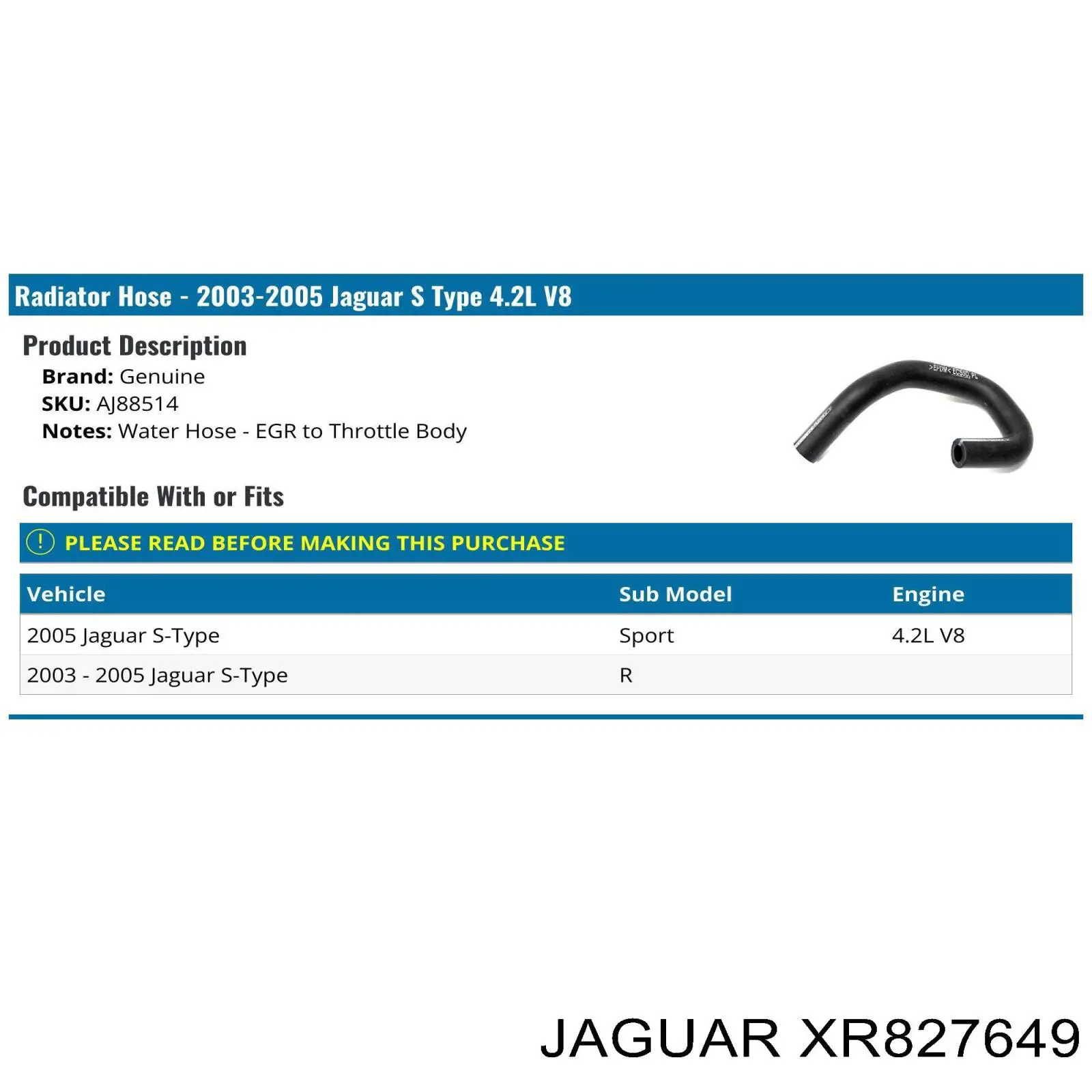 XR827649 Jaguar Manguera superior del radiador