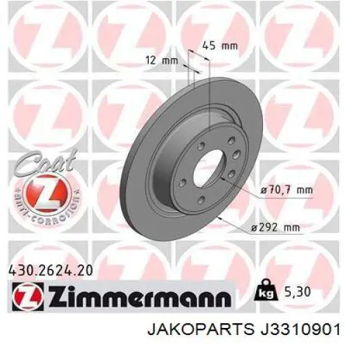 Comprar J3310901 Jakoparts Disco de freno trasero