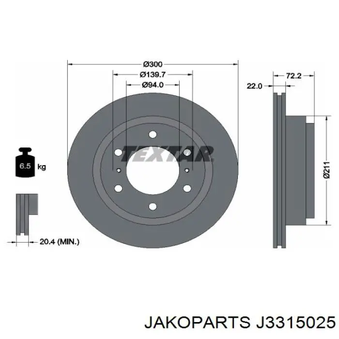 J3315025 Jakoparts disco de freno trasero