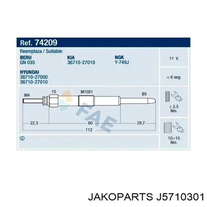 J5710301 Jakoparts bujía de incandescencia