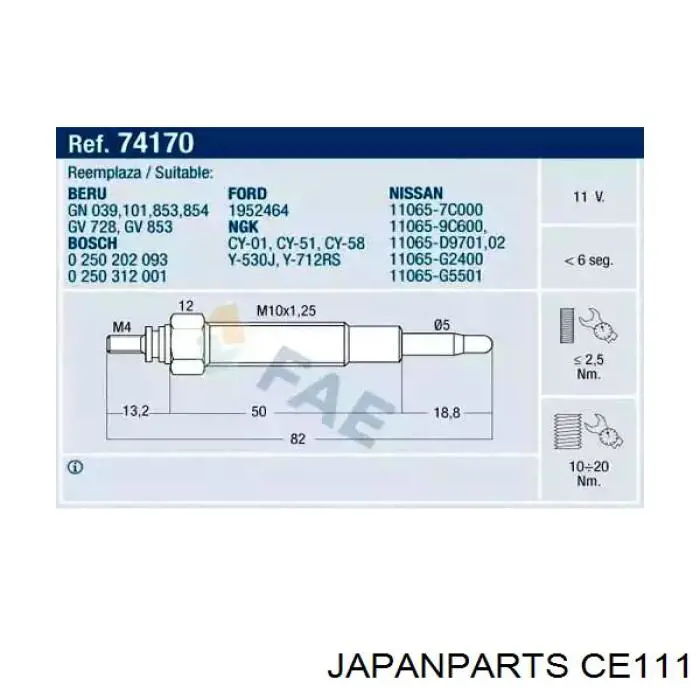 Bujía de incandescencia Nissan Sunny 2 B12