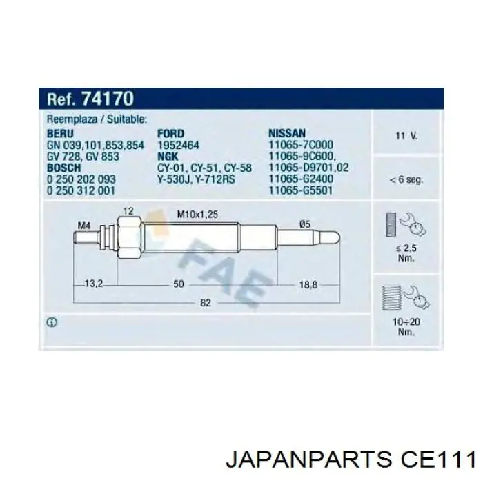 Bujía de incandescencia Nissan Sunny 2 B12