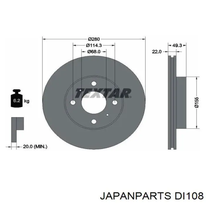 DI108 Japan Parts freno de disco delantero