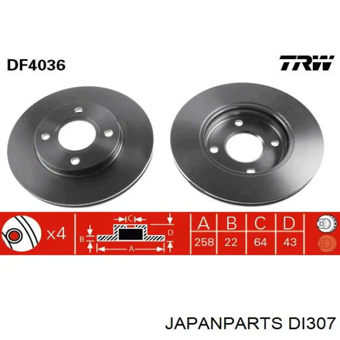 DI307 Japan Parts freno de disco delantero