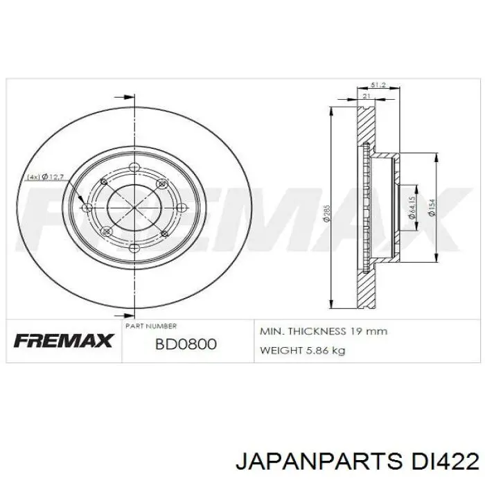 DI422 Japan Parts freno de disco delantero