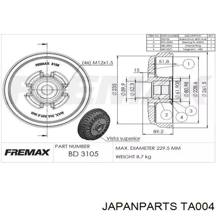 TA004 Japan Parts freno de tambor trasero