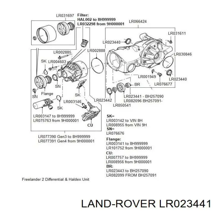 LR023441 Land Rover rodamiento piñón de diferencial trasero interior