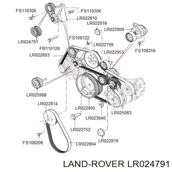 LR024791 Land Rover polea inversión / guía, correa poli v