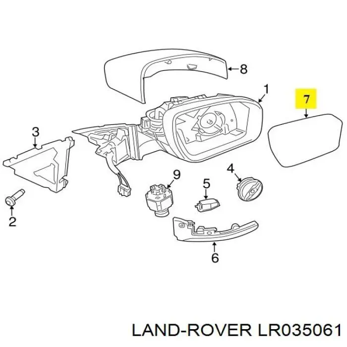 LR035061 Land Rover cristal de espejo retrovisor exterior derecho